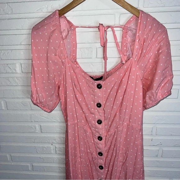 Gibson Pink White Polka Dot Puffed Short Sleeve Midi Smocked Dress, Size Small - Picture 7 of 9